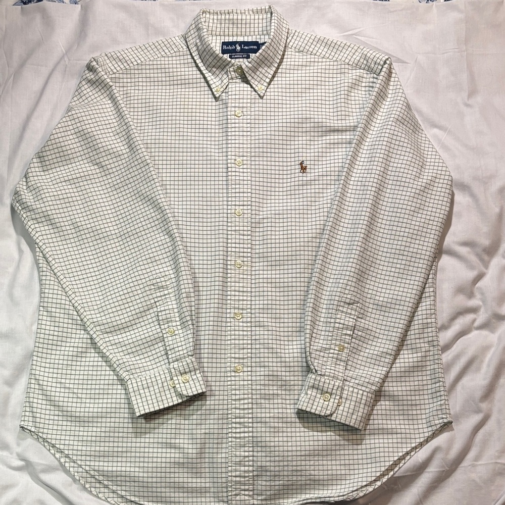 Ralph Lauren Plaid Classic Fit Button Down White Green Cotton 17.5 Neck